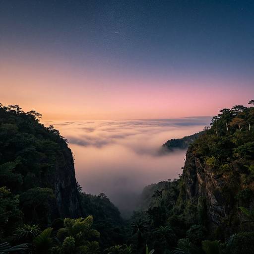 Photograph of a breathtaking sunrise over a fog-filled canyon, with silhouetted cliffs and dense, dark green foliage on both sides.