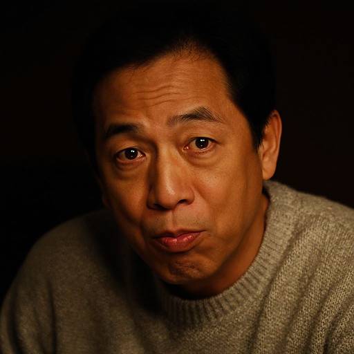 Photograph of a middle-aged Black man with short hair, wearing a gray sweater, against a dark background, making a subtle pouty expression.