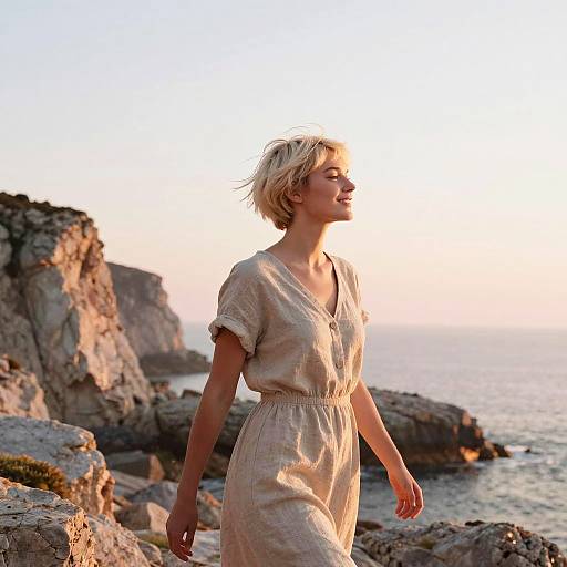 Young Woman on Rocky Coastal Cliffs at Sunset