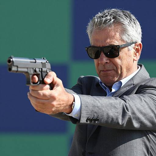 Intense Man in Suit with Handguns