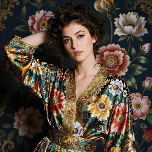 Photograph of a pale-skinned woman with dark, curly hair, wearing an ornate, floral-patterned robe against a dark, floral wallpaper background