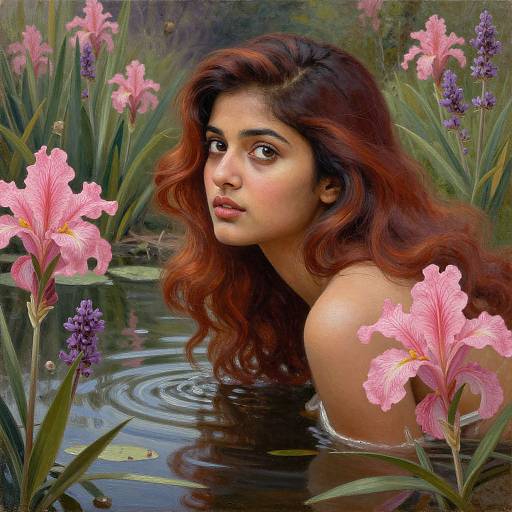 Digital painting of a beautiful young woman with long red hair, brown eyes, and light brown skin, emerging from a pond surrounded by pink and purple ir