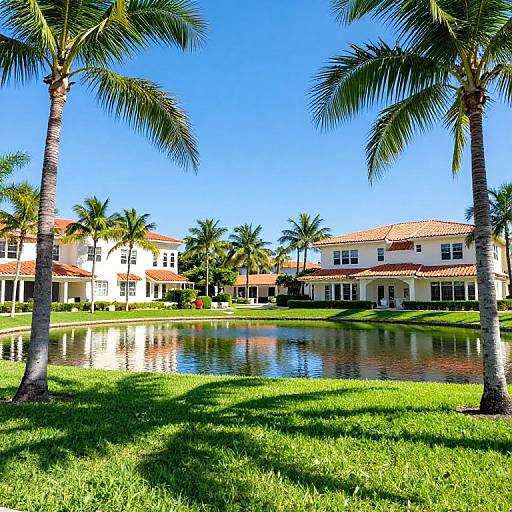 Photograph of a sunny, suburban scene featuring a white house with red tile roof, palm trees, and a reflecting pond on vibrant green grass under a