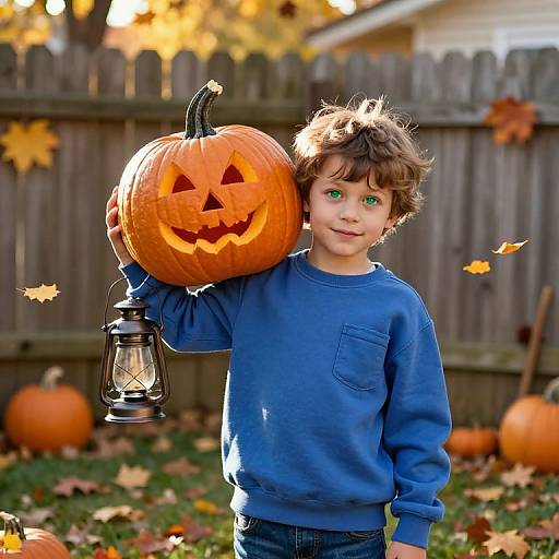 Cozy Autumn Boy with Carved Pumpkin