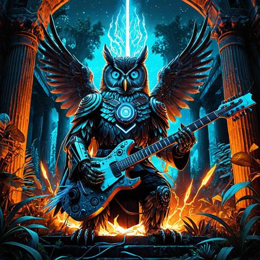 Cybernetic Owl Playing Electric Guitar in Ancient Temple