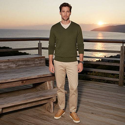 Photograph of a man with short brown hair, green sweater, beige pants, and brown shoes, standing on a wooden deck at sunset with a beach