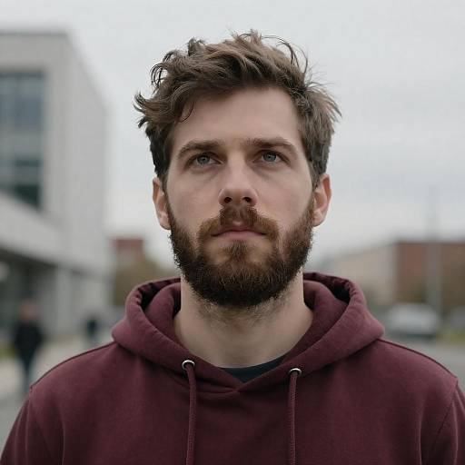 Contemplative Bearded Man in Hoodie