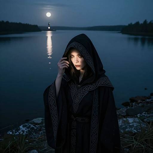 Photograph of a fair-skinned woman with pale blue eyes, wearing a dark hooded cloak with intricate patterns, standing by a moonlit lake,