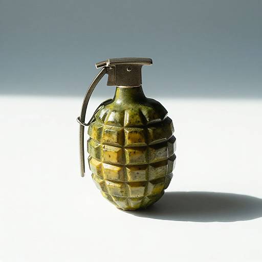 Photograph of a green, grid-patterned, metal grenade with a black pull-ring, casting a shadow on a white surface against a gradient blue-gray