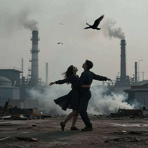 Photograph of silhouetted couple dancing on industrial wasteland, surrounded by smoke, birds, and towering chimneys in the background.