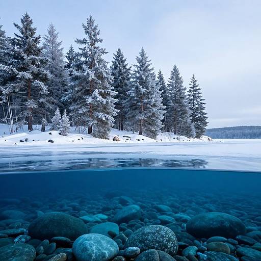 Photograph of a winter forest lake, showing snow-covered pine trees above and clear, rocky water below, with a blue-tinted sky.
