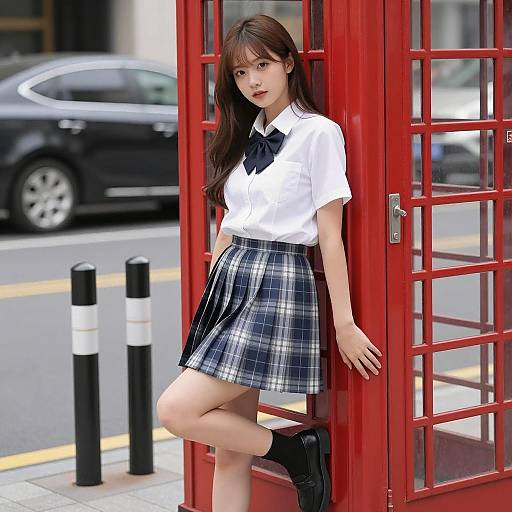 Asian Girl by Red Telephone Booth