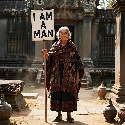 Elderly Woman in Ancient Temple Ruins
