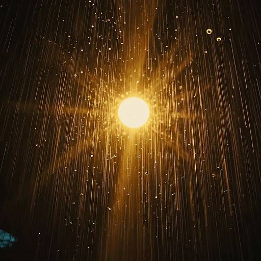 Photograph of a bright, yellow-orange light source surrounded by numerous vertical, golden sparks against a dark background, creating a radiant, starburst effect.
