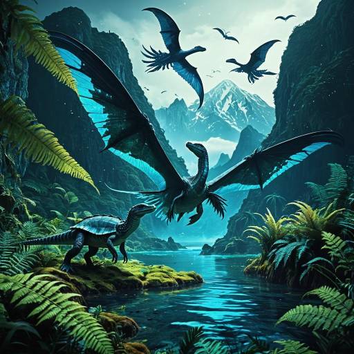 Bioluminescent Winged Marine Reptiles in Prehistoric Landscape Bioluminescent Winged Marine Reptiles in Prehistoric Landscape