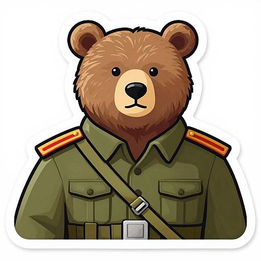 Digital illustration of an anthropomorphic brown bear in a green military uniform with red shoulder stripes, simple black eyes, and a neutral expression.