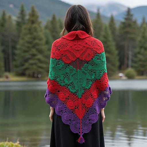 Photograph of a woman with long brown hair, facing away, wearing a vibrant red, green, and purple crocheted shawl, standing by