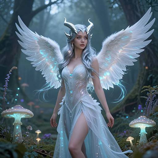 Mystical Winged Woman with Silver Horns in Enchanted Forest
