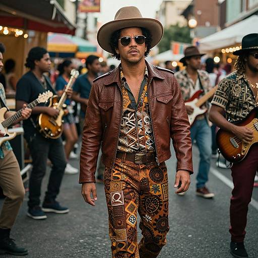 Photograph of a man in a brown cowboy hat, dark sunglasses, brown leather jacket, and patterned orange-brown jumpsuit, walking through a