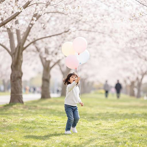 Photograph of a young Asian girl with shoulder-length brown hair, wearing a white sweater and blue jeans, holding pink balloons, walking in a sunlit