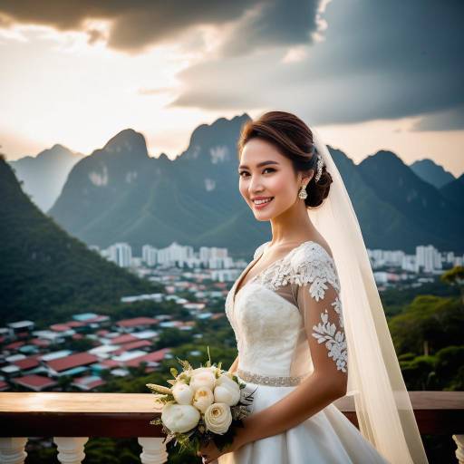 Smiling bride with bouquet and mountain landscape