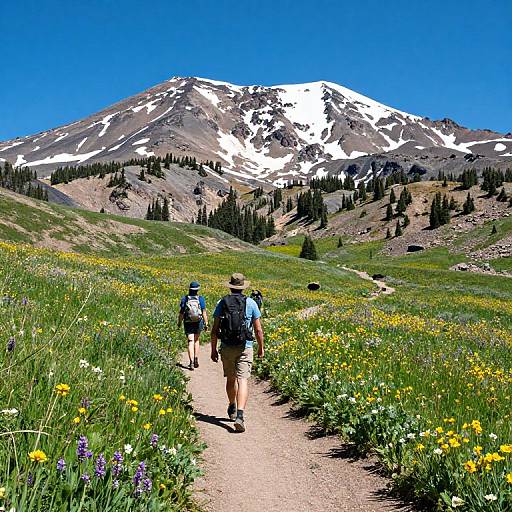 Photograph of two hikers on a mountain trail, surrounded by colorful wildflowers, with a snow-capped peak under a clear blue sky.