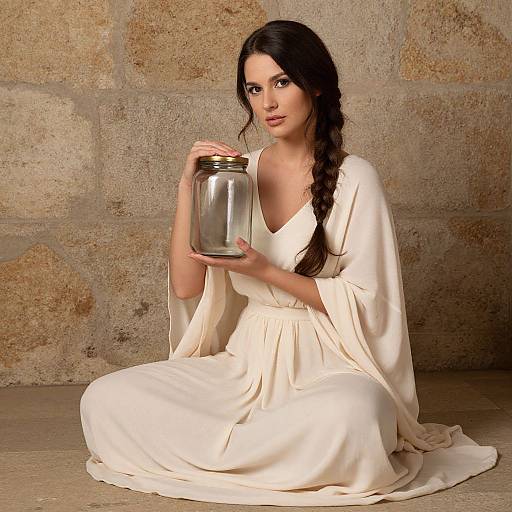 Photograph of a woman with long, dark braided hair, wearing a flowing white dress, sitting on the floor, holding a glass jar against a