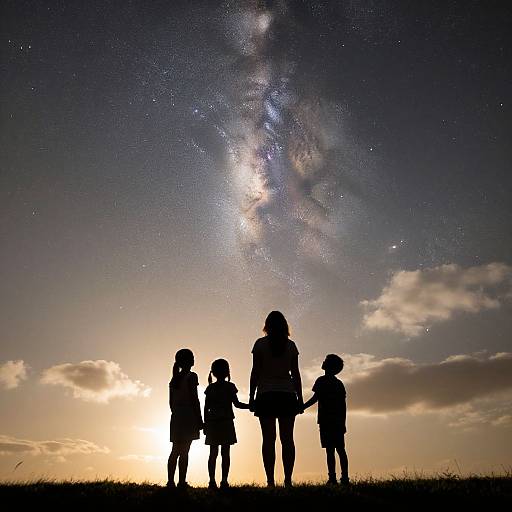 Silhouetted children holding hands against a stunning Milky Way sky at sunset, with clouds and a glowing horizon. Photographic image.