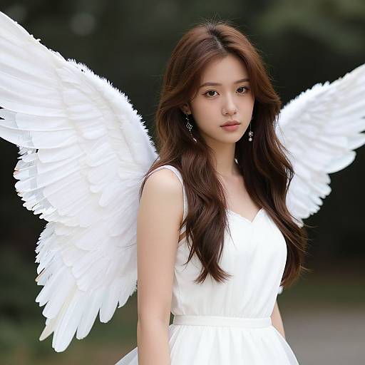 Photograph of an Asian woman with long brown hair, wearing a white dress and large white feathered angel wings, standing against a dark green, blurred