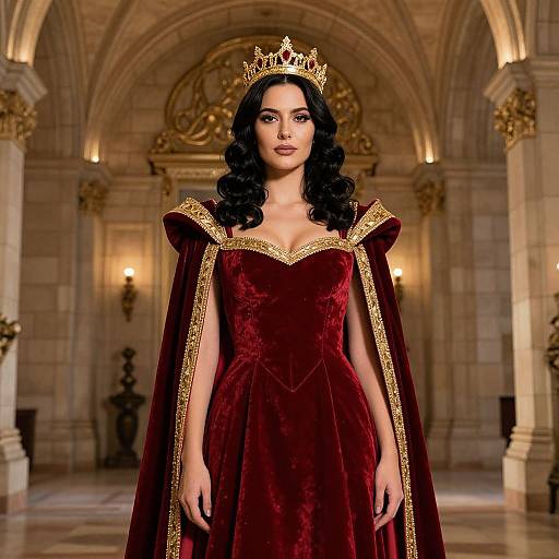 Photograph of a regal woman with dark curly hair, wearing a gold crown, deep red velvet gown with gold trim, standing in an opulent