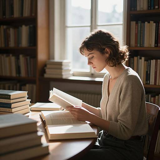 Photograph of a young woman with curly brown hair, wearing a beige sweater, reading a book in a sunlit library, surrounded by stacked books on