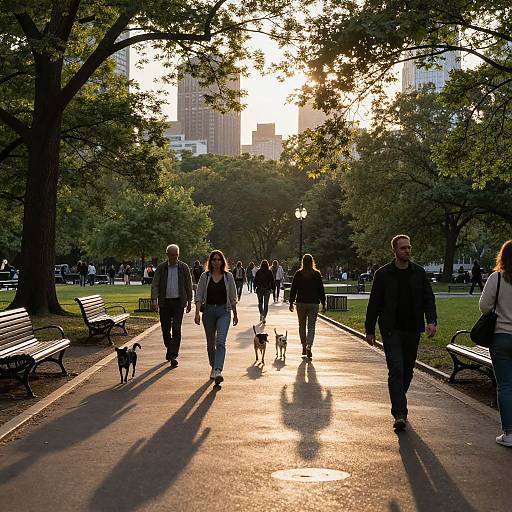 Photograph of a sunlit park pathway at sunset, with people walking, dogs, benches, trees, and city skyline in the background.