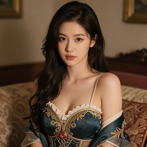 Photograph of an East Asian woman with long black hair, wearing an ornate, dark blue, off-shoulder dress with gold embroidery and lace