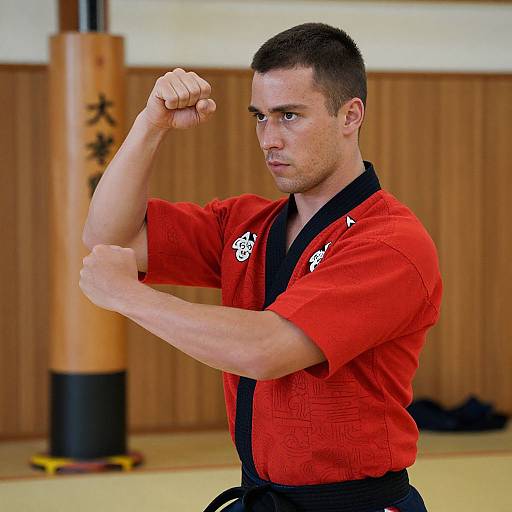 Photograph of a focused, muscular Caucasian man with short dark hair, wearing a red judo gi, striking a punching pose in a dojo with wooden