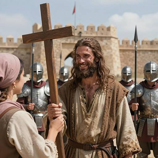 Man Holding Wooden Cross in Front of Medieval Fortress
