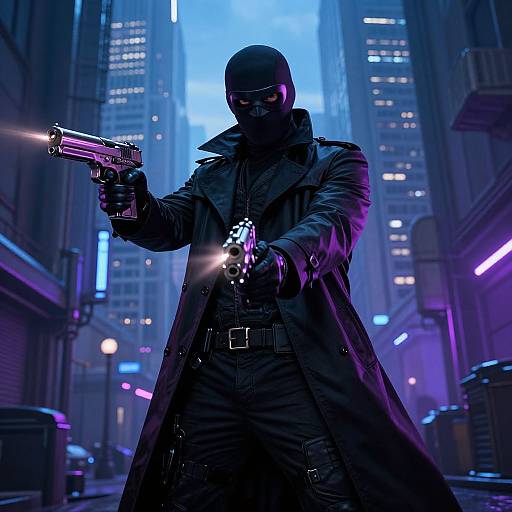 Cyberpunk city street at night, man in black mask, coat, and gloves, dual-wielding guns, neon lights, tall skyscrapers