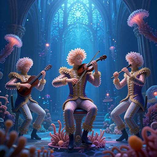 Digital art: Three pink-haired musicians in ornate, gold-trimmed outfits play in a glowing, underwater cathedral with vibrant sea creatures.