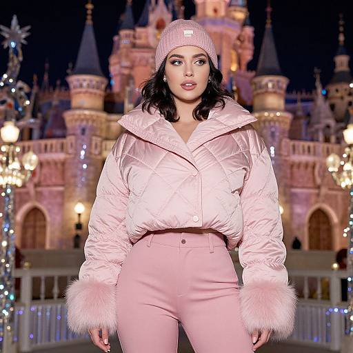 Photograph of a woman in a pink parka, high-waisted pants, and pink beanie, standing in front of a brightly lit,
