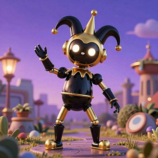 Whimsical Robot Jester in Futuristic Garden