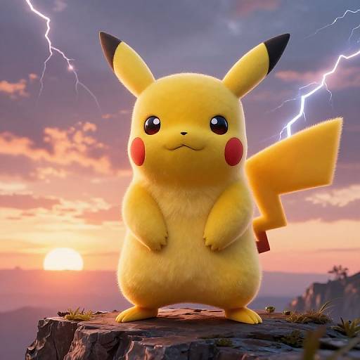 Photograph of Pikachu standing on a rocky cliff, surrounded by a stormy sunset sky with lightning bolts, and vibrant clouds.
