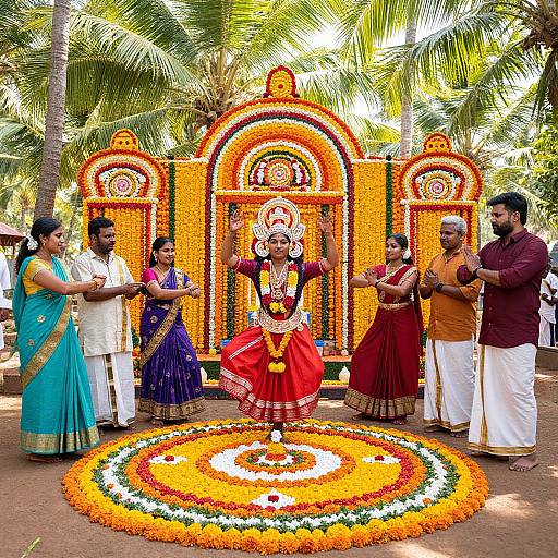 Photograph of Indian women in traditional attire, surrounding a woman dressed as Goddess Durga, adorned with flowers and jewelry, in front of a vibrant floral