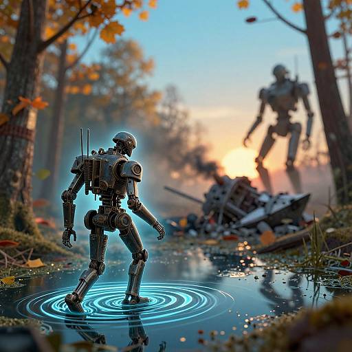 CGI sci-fi scene: metallic robot with backpack and antenna wading through reflective puddle, glowing blue light, autumn forest, blurred robotic enemy approaching