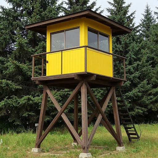 Photograph of a bright yellow wooden lifeguard tower on wooden stilts, surrounded by tall evergreen trees, with a black ladder on the right.