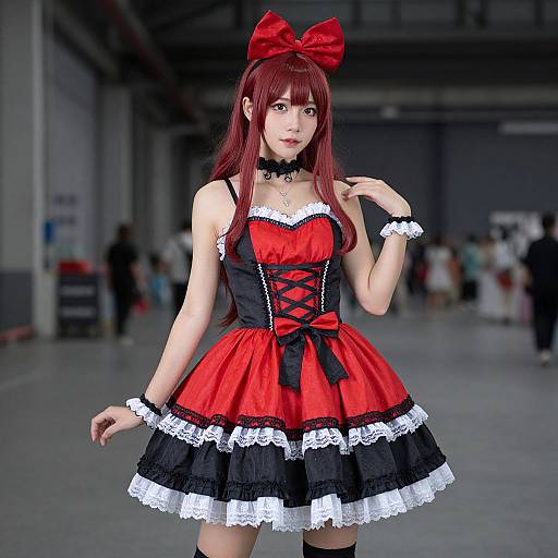Photograph of a young woman with long red hair, wearing a red and black gothic lolita dress with white lace trim, red bow, and