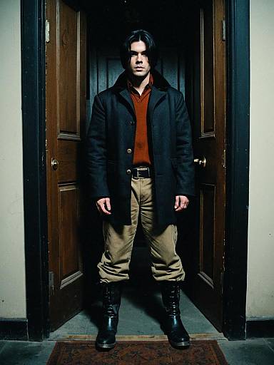Man in Coat and Boots Standing by Doors