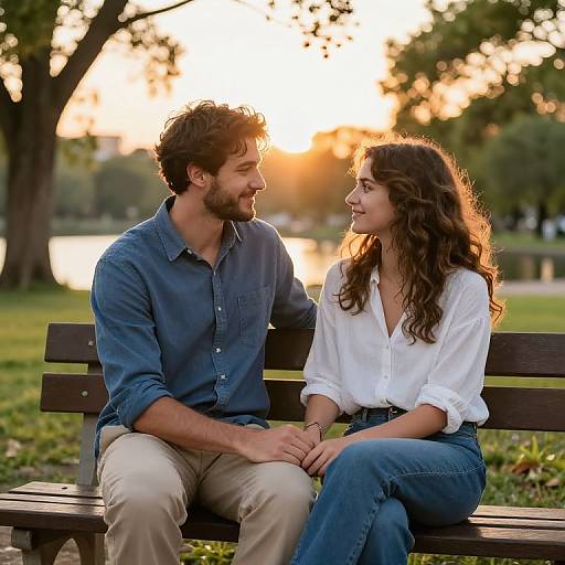 Photograph of a smiling couple with curly brown hair and beards, sitting on a wooden bench at sunset, wearing blue and white shirts, with a