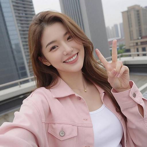 Cheerful Rooftop Selfie with Skyscrapers