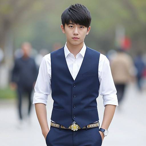 Photograph of an Asian teenage boy with black hair, wearing a white shirt and navy vest, black pants, gold belt, standing outdoors with blurred background