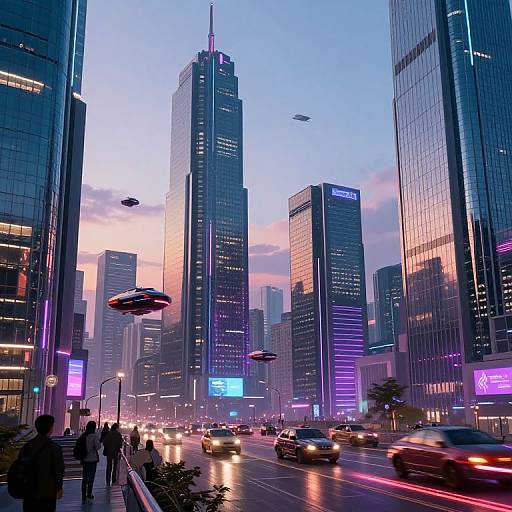 Futuristic cityscape photograph at dusk featuring towering skyscrapers, flying cars, neon lights, busy street, and silhouetted pedestrians.