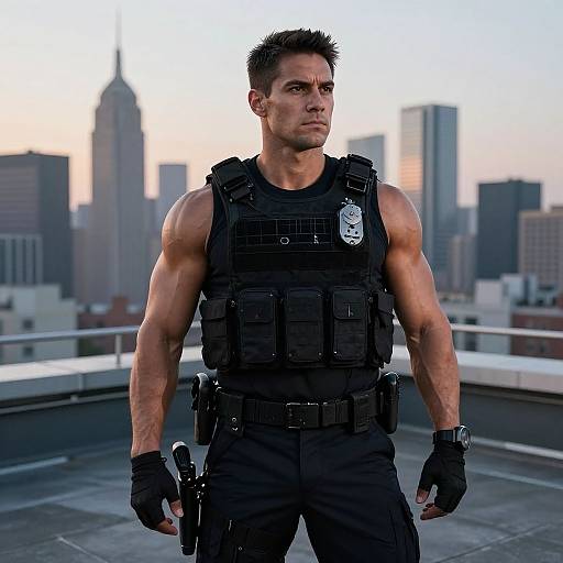Photograph of a muscular, serious-looking male police officer with short dark hair, wearing a black tactical vest, gloves, and pants, standing on a